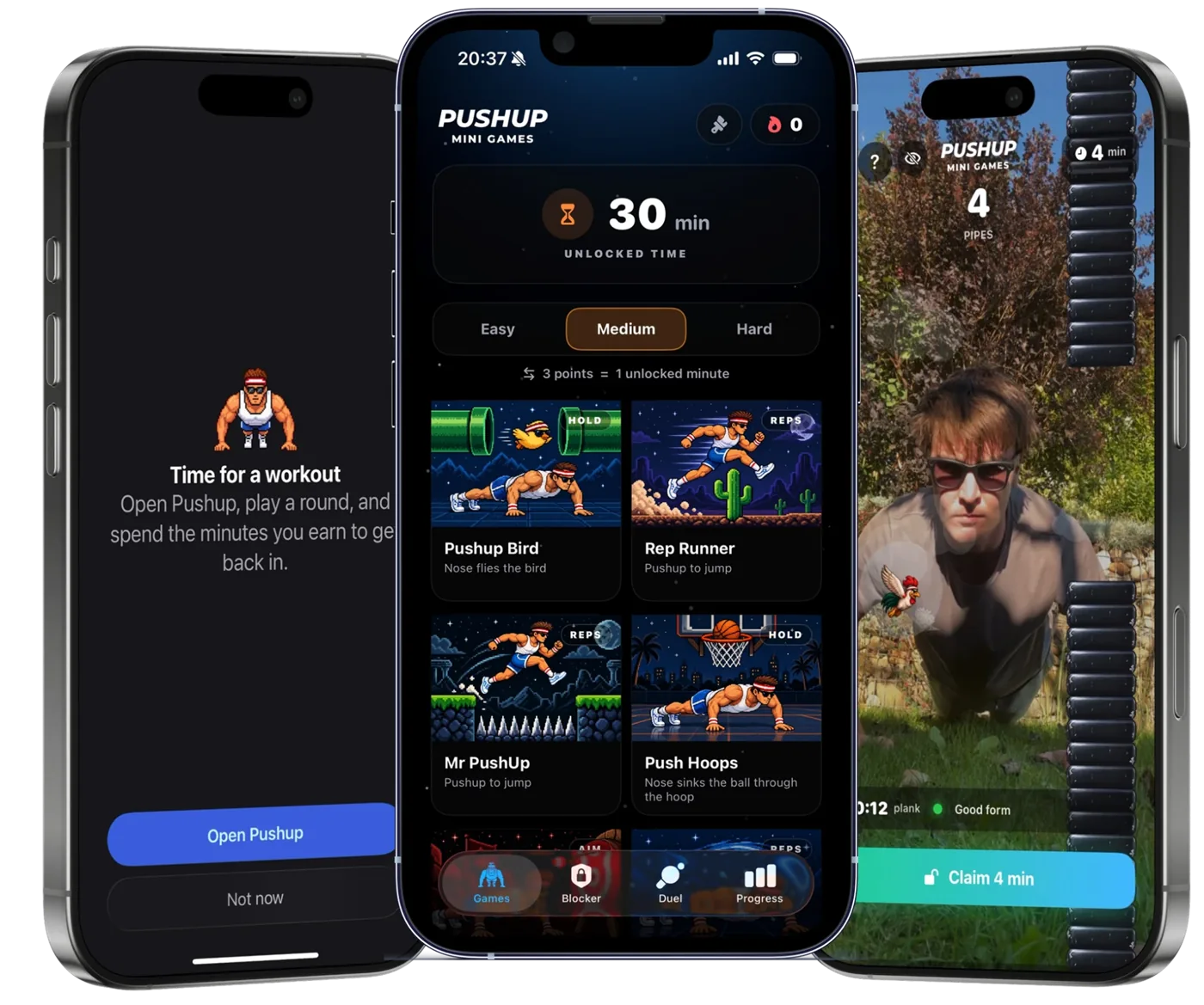 Pushup Mini Games on iPhone: blocked app shield, games list and Pushup Bird